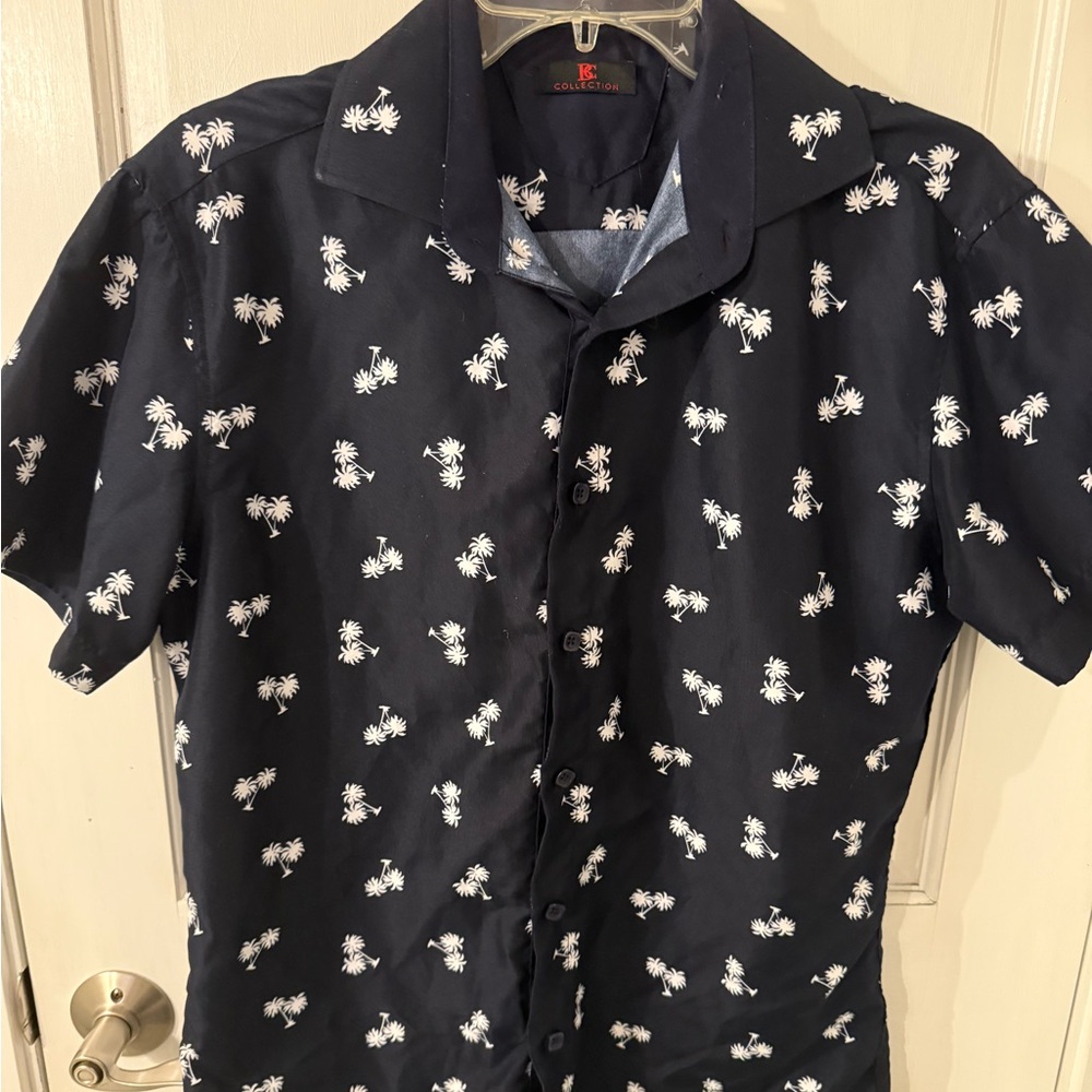 Navy Blue Palm Tree Print Men's Shirt